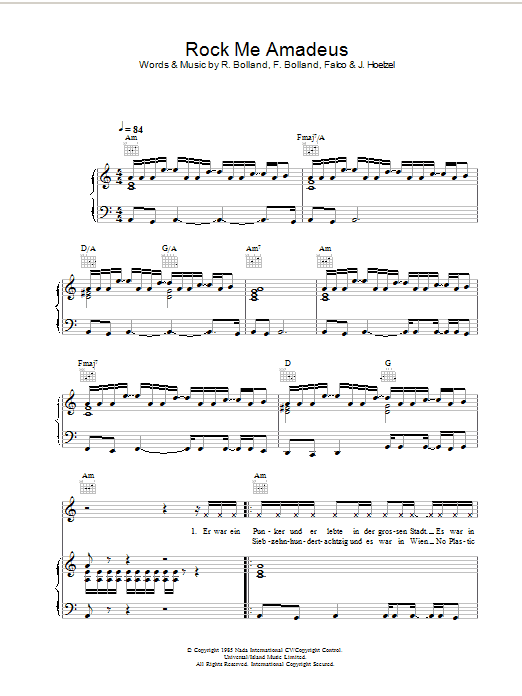 Preview Falco Rock Me Amadeus Dance sheet music, notes and chords for Piano, Vocal & Guitar, SKU: 31838 Download Falco Rock Me Amadeus sheet music and printable PDF score & Dance music notes