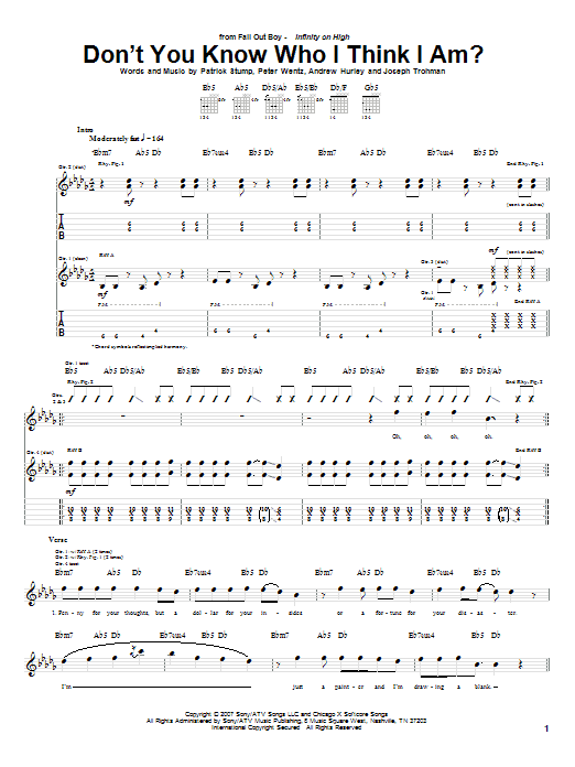 Preview Fall Out Boy Don't You Know Who I Think I Am? Pop sheet music, notes and chords for Guitar Tab, SKU: 62314 sheet music, piano notes, chords, guitar tabs, score, transpose, transcribe, how to play, guide, download, learn, tutorial, progression, song, artist, awards, billboard, mtv, vh1, tour, single, album, release