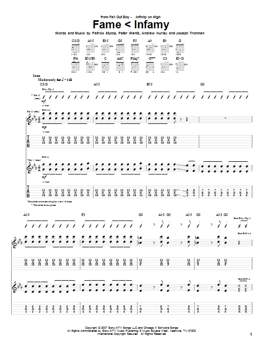 Preview Fall Out Boy Fame < Infamy Pop sheet music, notes and chords for Guitar Tab, SKU: 62312 sheet music, piano notes, chords, guitar tabs, score, transpose, transcribe, how to play, guide, download, learn, tutorial, progression, song, artist, awards, billboard, mtv, vh1, tour, single, album, release