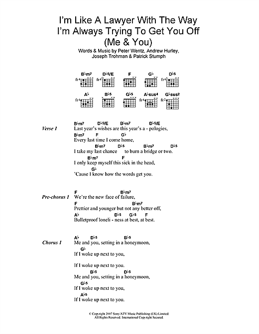 Preview Fall Out Boy I'm Like A Lawyer With The Way I'm Always Trying To Get You Off (Me & You) Pop sheet music, notes and chords for Guitar Tab, SKU: 62316 sheet music, piano notes, chords, guitar tabs, score, transpose, transcribe, how to play, guide, download, learn, tutorial, progression, song, artist, awards, billboard, mtv, vh1, tour, single, album, release