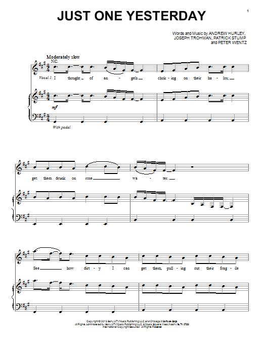 Just One Yesterday Sheet Music Notes Fall Out Boy Chords