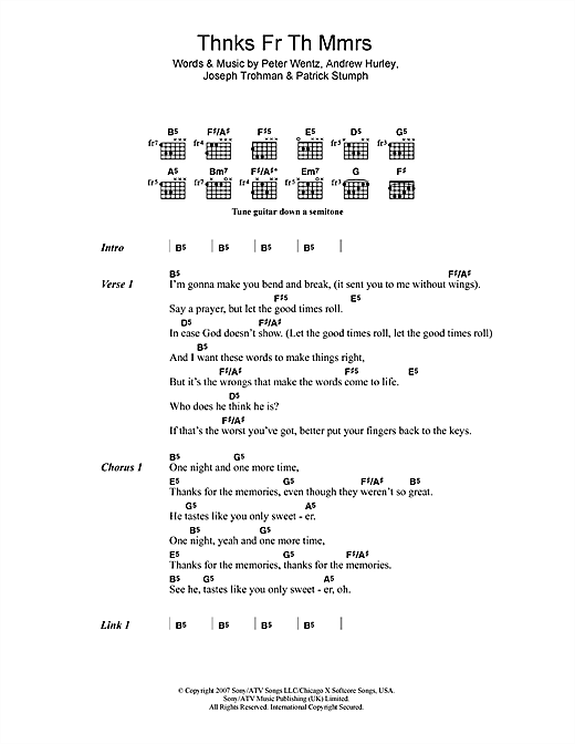 Preview Fall Out Boy Thnks Fr Th Mmrs Pop sheet music, notes and chords for Piano, Vocal & Guitar (Right-Hand Melody), SKU: 58874 sheet music, piano notes, chords, guitar tabs, score, transpose, transcribe, how to play, guide, download, learn, tutorial, progression, song, artist, awards, billboard, mtv, vh1, tour, single, album, release