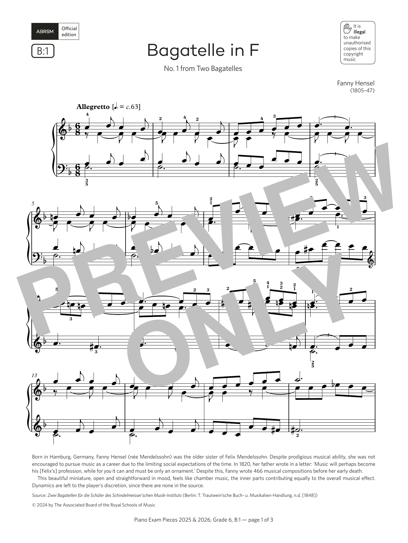 Fanny Hensel Bagatelle in F (Grade 6, list B1, from the ABRSM Piano Syllabus 2025 & 2026) Sheet Music & Chords for Piano Solo - Download or Print PDF