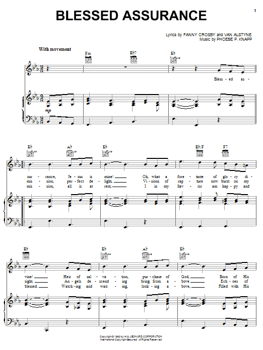 Preview Fanny J. Crosby Blessed Assurance Film and TV sheet music, notes and chords for Lyrics & Chords, SKU: 82340 sheet music, piano notes, chords, guitar tabs, score, transpose, transcribe, how to play, guide, download, learn, tutorial, progression, song, artist, awards, billboard, mtv, vh1, tour, single, album, release