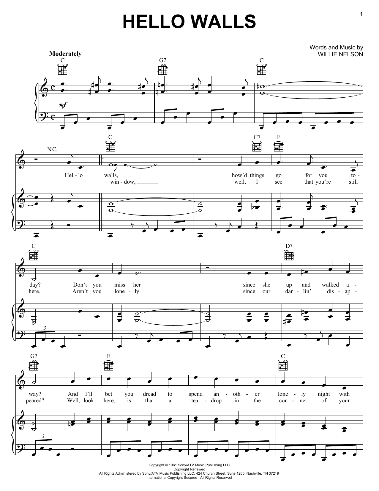 Preview Faron Young Hello Walls Country sheet music, notes and chords for Piano, Vocal & Guitar (Right-Hand Melody), SKU: 51359 Download Faron Young Hello Walls sheet music and printable PDF score & Country music notes