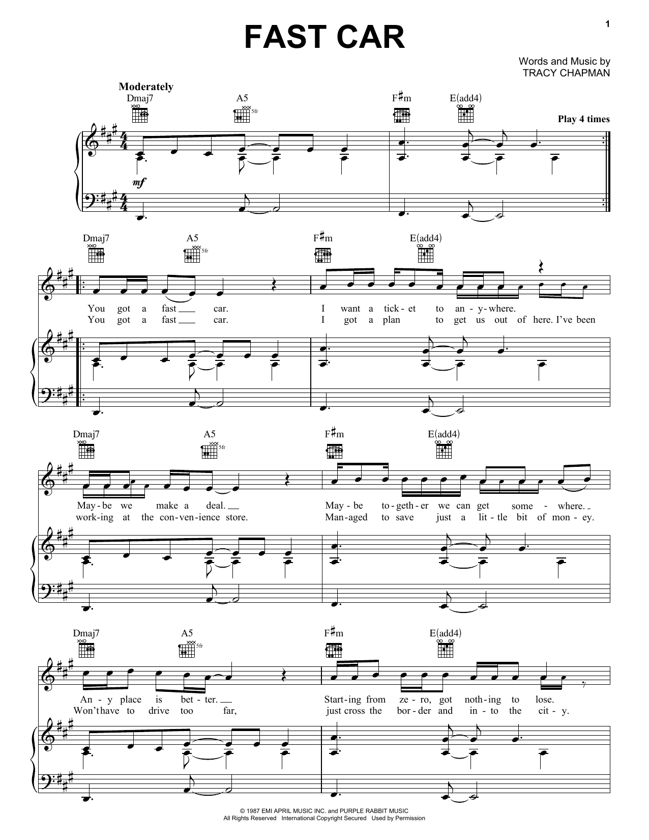 Preview Tracy Chapman Fast Car Pop sheet music, notes and chords for Piano, Vocal & Guitar (Right-Hand Melody), SKU: 23633 sheet music, piano notes, chords, guitar tabs, score, transpose, transcribe, how to play, guide, download, learn, tutorial, progression, song, artist, awards, billboard, mtv, vh1, tour, single, album, release