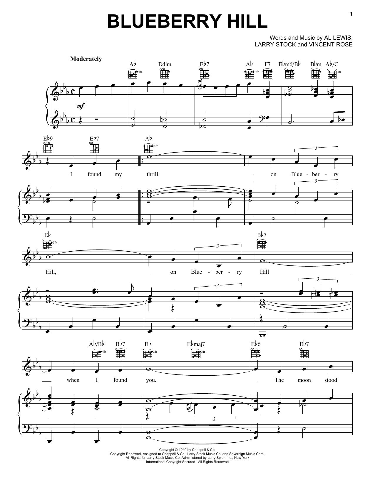 Download Fats Domino Blueberry Hill sheet music and printable PDF score & Rock music notes
