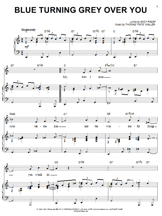 Preview Fats Waller Blue Turning Grey Over You Blues sheet music, notes and chords for Piano, Vocal & Guitar (Right-Hand Melody), SKU: 52102 Download Fats Waller Blue Turning Grey Over You sheet music and printable PDF score & Blues music notes