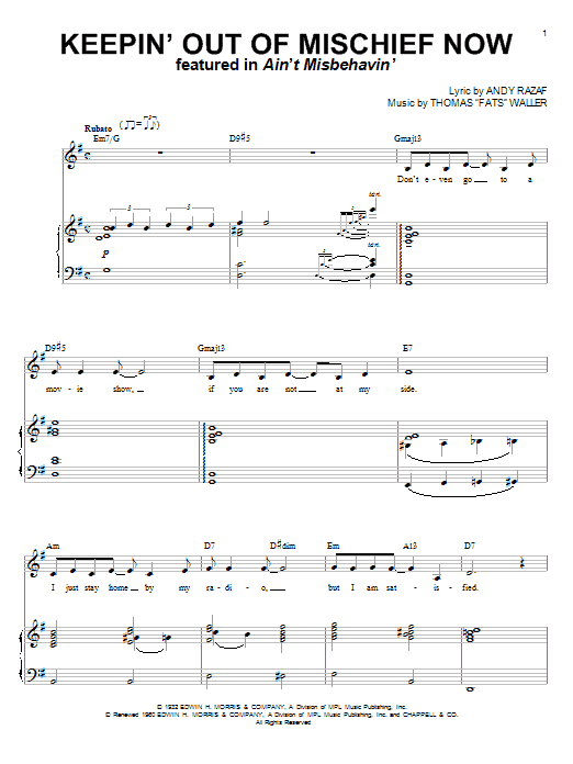 Preview Fats Waller Keepin' Out Of Mischief Now Jazz sheet music, notes and chords for Piano, Vocal & Guitar (Right-Hand Melody), SKU: 63256 Download Fats Waller Keepin' Out Of Mischief Now sheet music and printable PDF score & Jazz music notes