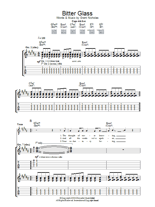Preview Feeder Bitter Glass Rock sheet music, notes and chords for Guitar Tab, SKU: 31897 Download Feeder Bitter Glass sheet music and printable PDF score & Rock music notes