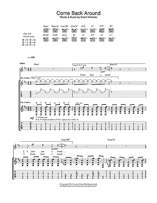 Preview Feeder Come Back Around Rock sheet music, notes and chords for Lyrics & Chords, SKU: 101374 sheet music, piano notes, chords, guitar tabs, score, transpose, transcribe, how to play, guide, download, learn, tutorial, progression, song, artist, awards, billboard, mtv, vh1, tour, single, album, release