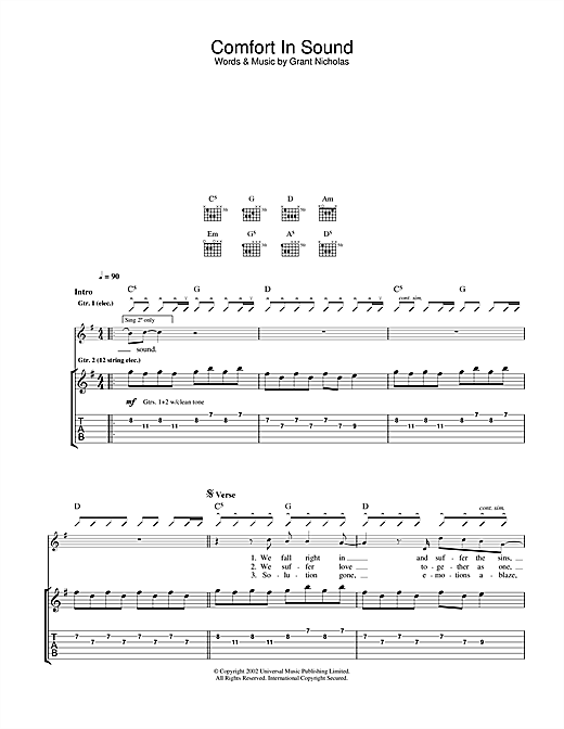 Preview Feeder Comfort In Sound Rock sheet music, notes and chords for Lyrics & Chords, SKU: 101382 sheet music, piano notes, chords, guitar tabs, score, transpose, transcribe, how to play, guide, download, learn, tutorial, progression, song, artist, awards, billboard, mtv, vh1, tour, single, album, release