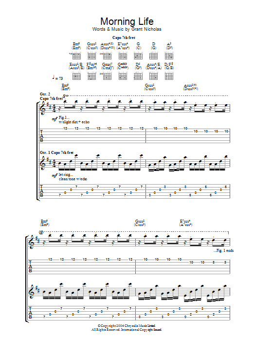 Preview Feeder Morning Life Rock sheet music, notes and chords for Guitar Tab, SKU: 31901 Download Feeder Morning Life sheet music and printable PDF score & Rock music notes