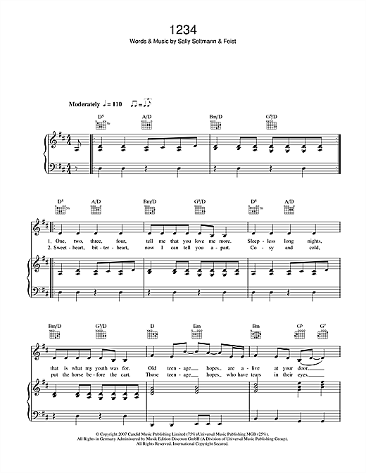 Preview Feist 1234 Pop sheet music, notes and chords for Piano, Vocal & Guitar (Right-Hand Melody), SKU: 62398 sheet music, piano notes, chords, guitar tabs, score, transpose, transcribe, how to play, guide, download, learn, tutorial, progression, song, artist, awards, billboard, mtv, vh1, tour, single, album, release