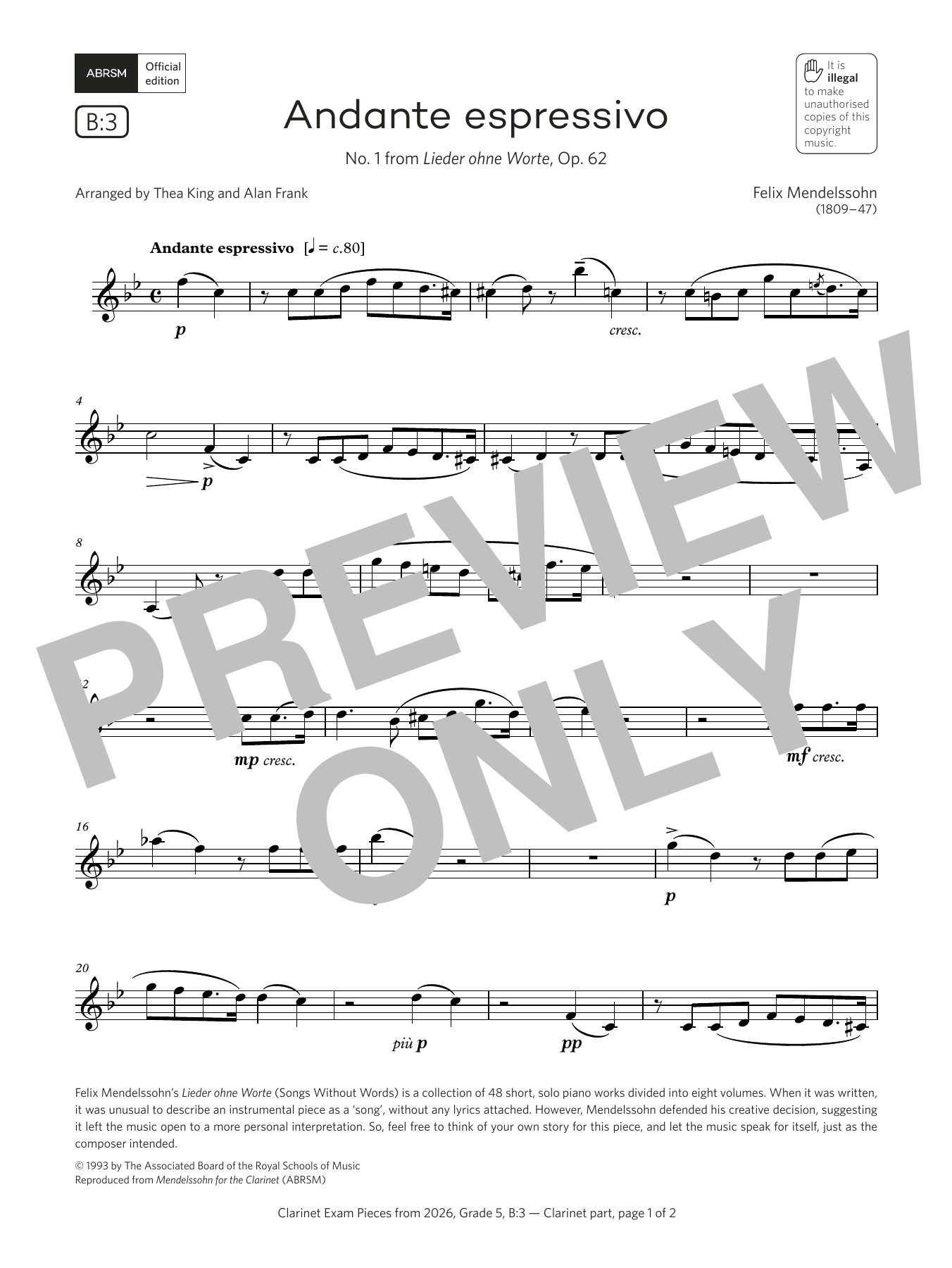 Felix Mendelssohn Andante espressivo (Grade 5, list B3, from the ABRSM Clarinet Syllabus from 2026) Sheet Music & Chords for Clarinet Solo - Download or Print PDF