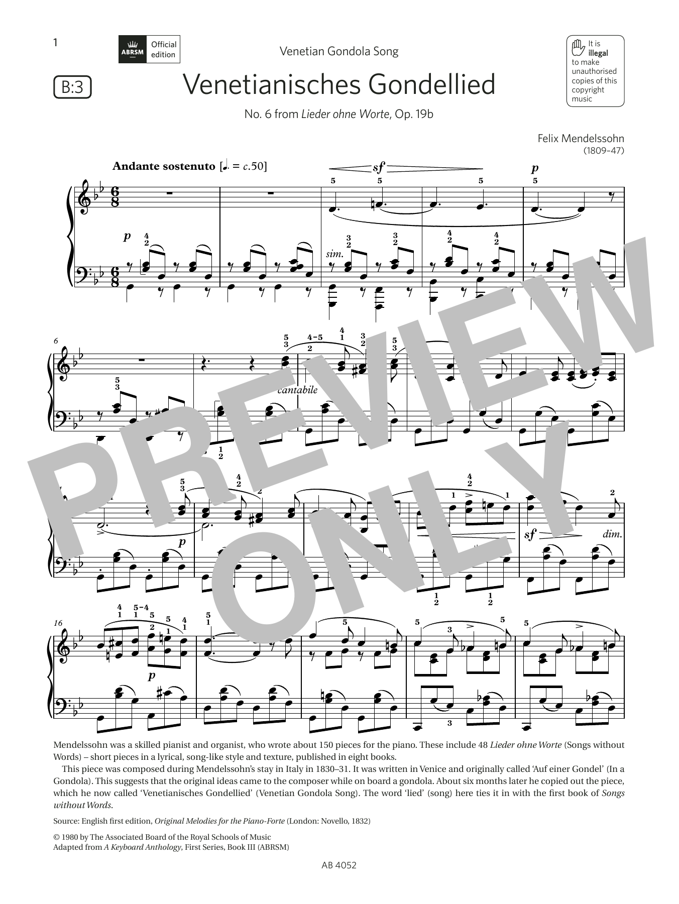 Felix Mendelssohn Venetianisches Gondellied (Grade 6, list B3, from the ABRSM Piano Syllabus 2023 & 2024) Sheet Music & Chords for Piano Solo - Download or Print PDF