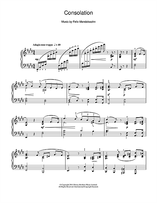 Preview Felix Mendelssohn Consolation Classical sheet music, notes and chords for Piano, SKU: 113037 sheet music, piano notes, chords, guitar tabs, score, transpose, transcribe, how to play, guide, download, learn, tutorial, progression, song, artist, awards, billboard, mtv, vh1, tour, single, album, release
