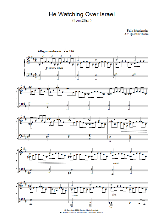 Preview Felix Mendelssohn He Watching Over Israel (from Elijah) Classical sheet music, notes and chords for Piano, SKU: 28167 Download Felix Mendelssohn He Watching Over Israel (from Elijah) sheet music and printable PDF score & Classical music notes