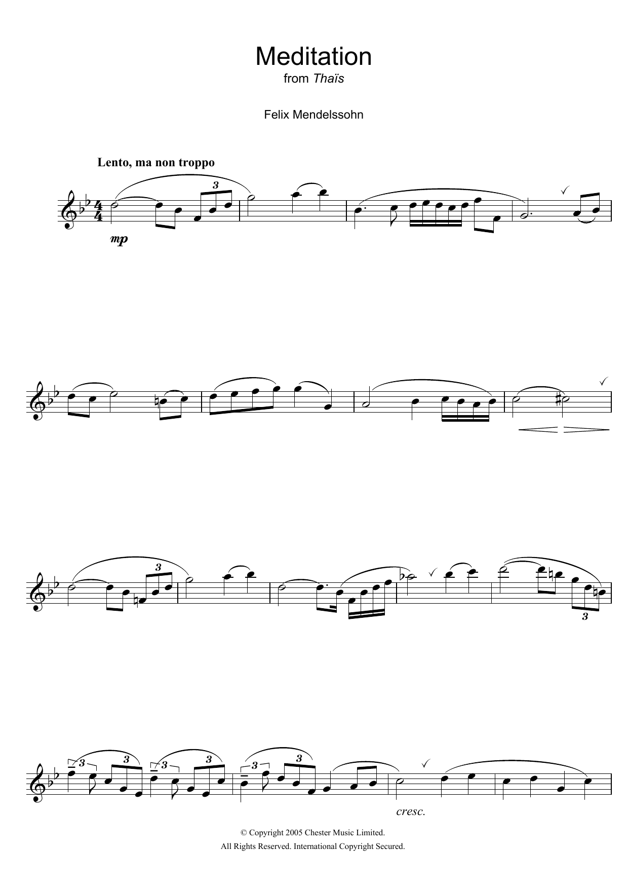 Preview Felix Mendelssohn Meditation From Thais Classical sheet music, notes and chords for Flute, SKU: 108805 Download Felix Mendelssohn Meditation From Thais sheet music and printable PDF score & Classical music notes