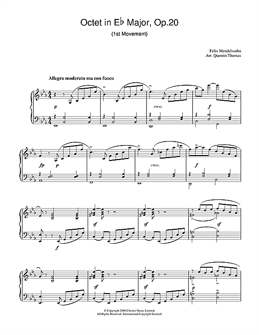 Preview Felix Mendelssohn Octet in E Flat Major, Op.20 Classical sheet music, notes and chords for Piano, SKU: 28171 sheet music, piano notes, chords, guitar tabs, score, transpose, transcribe, how to play, guide, download, learn, tutorial, progression, song, artist, awards, billboard, mtv, vh1, tour, single, album, release
