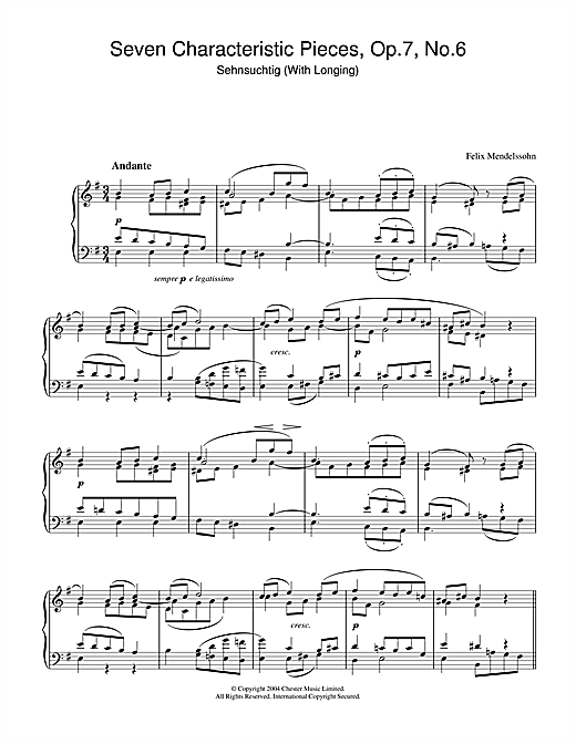 Preview Felix Mendelssohn Seven Characteristic Pieces, Op.7, No.6 Classical sheet music, notes and chords for Piano, SKU: 28177 sheet music, piano notes, chords, guitar tabs, score, transpose, transcribe, how to play, guide, download, learn, tutorial, progression, song, artist, awards, billboard, mtv, vh1, tour, single, album, release