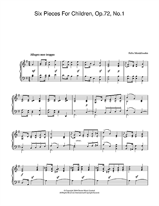 Preview Felix Mendelssohn Six Pieces For Children, Op.72, No.1 Classical sheet music, notes and chords for Piano, SKU: 28178 sheet music, piano notes, chords, guitar tabs, score, transpose, transcribe, how to play, guide, download, learn, tutorial, progression, song, artist, awards, billboard, mtv, vh1, tour, single, album, release