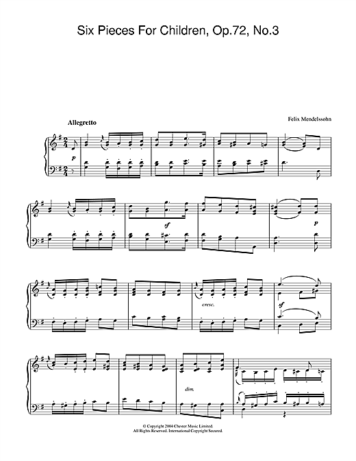 Preview Felix Mendelssohn Six Pieces For Children, Op.72, No.3 Classical sheet music, notes and chords for Piano, SKU: 28179 sheet music, piano notes, chords, guitar tabs, score, transpose, transcribe, how to play, guide, download, learn, tutorial, progression, song, artist, awards, billboard, mtv, vh1, tour, single, album, release