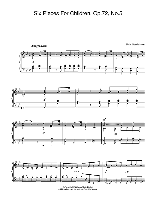 Preview Felix Mendelssohn Six Pieces For Children, Op.72, No.5 Classical sheet music, notes and chords for Piano, SKU: 28180 sheet music, piano notes, chords, guitar tabs, score, transpose, transcribe, how to play, guide, download, learn, tutorial, progression, song, artist, awards, billboard, mtv, vh1, tour, single, album, release