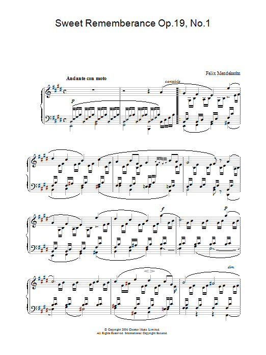 Download Felix Mendelssohn Sweet Rememberance Op.19, No.1 sheet music and printable PDF score & Classical music notes