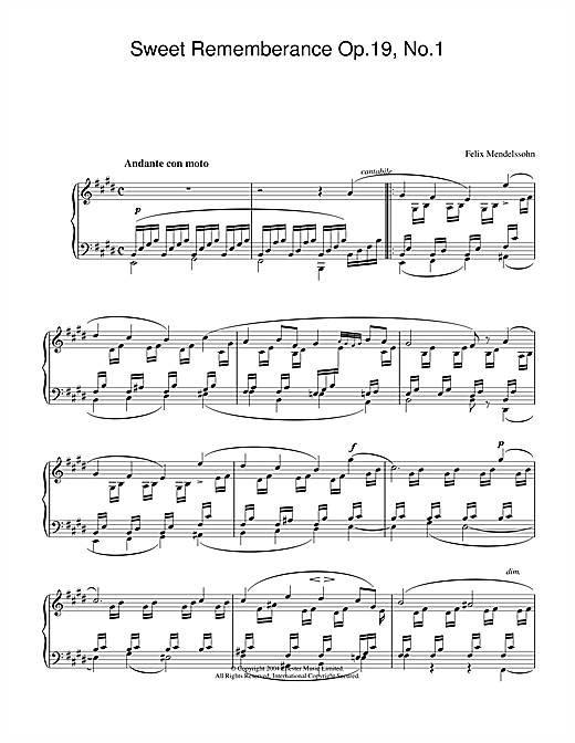 Preview Felix Mendelssohn Sweet Rememberance Op.19, No.1 Classical sheet music, notes and chords for Piano, SKU: 28182 sheet music, piano notes, chords, guitar tabs, score, transpose, transcribe, how to play, guide, download, learn, tutorial, progression, song, artist, awards, billboard, mtv, vh1, tour, single, album, release