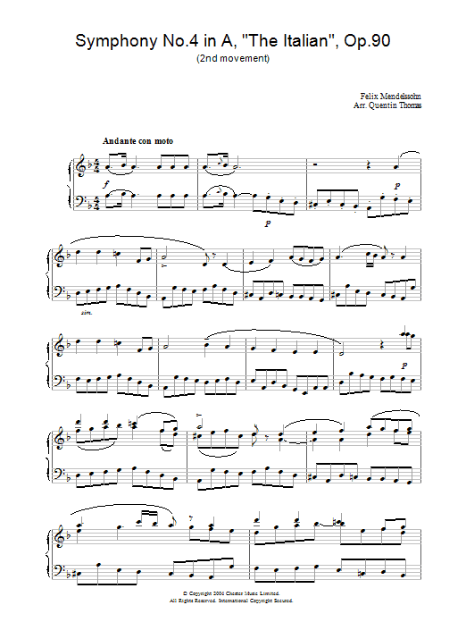 Preview Felix Mendelssohn Symphony No.4 in A, 'The Italian', Op.90 (2nd Movement) Classical sheet music, notes and chords for Piano, SKU: 28186 Download Felix Mendelssohn Symphony No.4 in A, 'The Italian', Op.90 (2nd Movement) sheet music and printable PDF score & Classical music notes