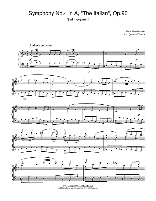 Preview Felix Mendelssohn Symphony No.4 in A, 'The Italian', Op.90 (2nd Movement) Classical sheet music, notes and chords for Piano, SKU: 28186 sheet music, piano notes, chords, guitar tabs, score, transpose, transcribe, how to play, guide, download, learn, tutorial, progression, song, artist, awards, billboard, mtv, vh1, tour, single, album, release