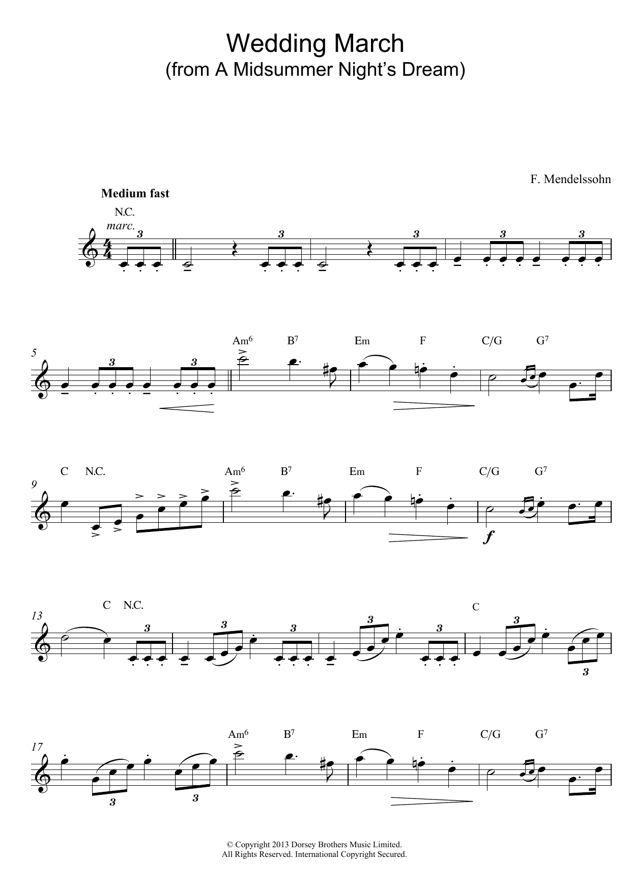 Download Felix Mendelssohn Wedding March (from A Midsummer Night's Dream) sheet music and printable PDF score & Classical music notes