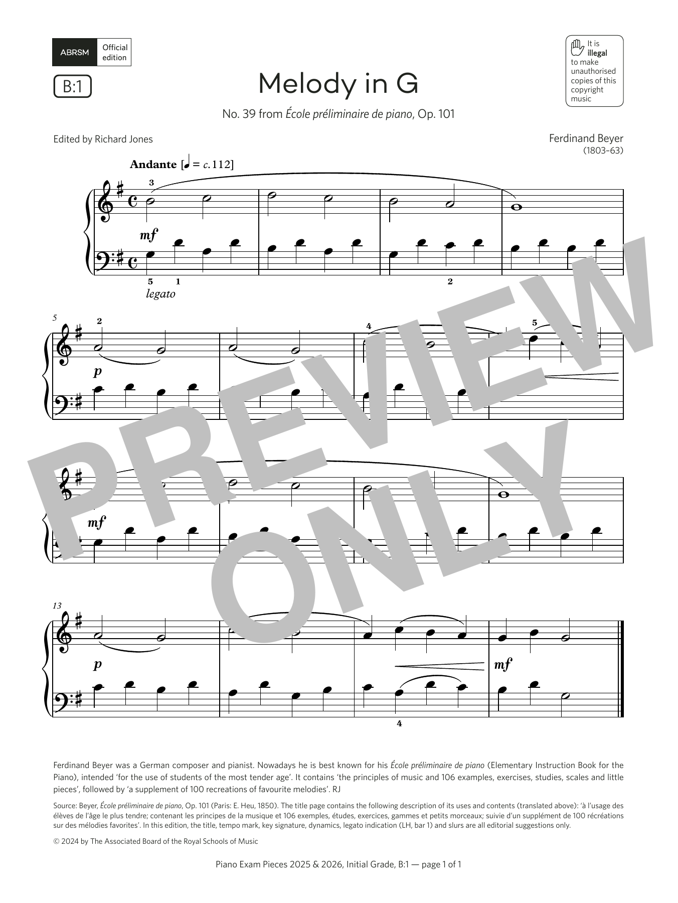Ferdinand Beyer Melody in G (Grade Initial, list B1, from the ABRSM Piano Syllabus 2025 & 2026) Sheet Music & Chords for Piano Solo - Download or Print PDF