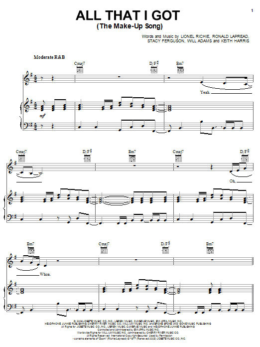 Preview Fergie All That I Got (The Make-Up Song) Pop sheet music, notes and chords for Piano, Vocal & Guitar (Right-Hand Melody), SKU: 62635 sheet music, piano notes, chords, guitar tabs, score, transpose, transcribe, how to play, guide, download, learn, tutorial, progression, song, artist, awards, billboard, mtv, vh1, tour, single, album, release