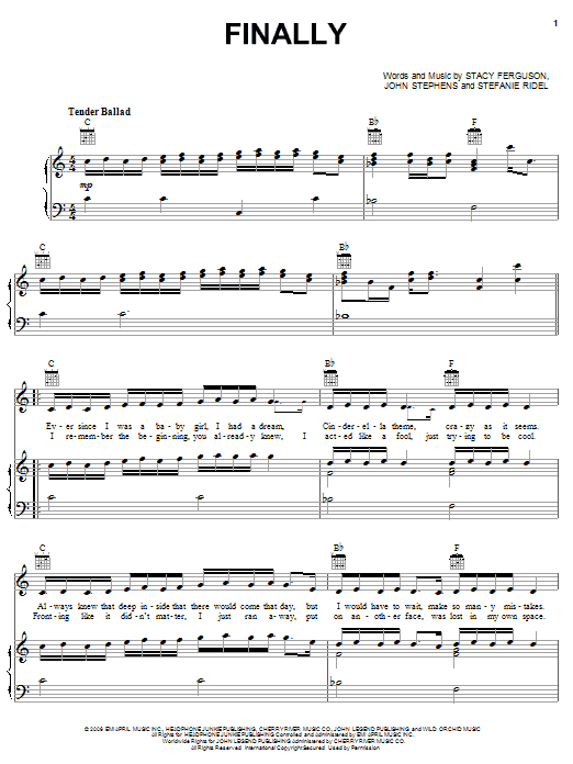 Preview Fergie Finally Pop sheet music, notes and chords for Piano, Vocal & Guitar (Right-Hand Melody), SKU: 62645 sheet music, piano notes, chords, guitar tabs, score, transpose, transcribe, how to play, guide, download, learn, tutorial, progression, song, artist, awards, billboard, mtv, vh1, tour, single, album, release