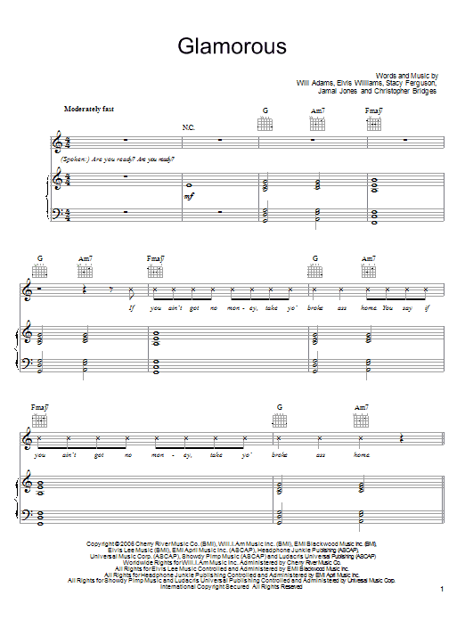 Preview Fergie Glamorous (feat. Ludacris) Pop sheet music, notes and chords for Piano, Vocal & Guitar (Right-Hand Melody), SKU: 58532 sheet music, piano notes, chords, guitar tabs, score, transpose, transcribe, how to play, guide, download, learn, tutorial, progression, song, artist, awards, billboard, mtv, vh1, tour, single, album, release