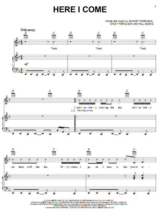Preview Fergie Here I Come Pop sheet music, notes and chords for Piano, Vocal & Guitar (Right-Hand Melody), SKU: 62647 Download Fergie Here I Come sheet music and printable PDF score & Pop music notes