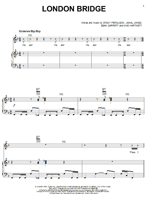 Preview Fergie London Bridge Pop sheet music, notes and chords for Piano, Vocal & Guitar (Right-Hand Melody), SKU: 62624 sheet music, piano notes, chords, guitar tabs, score, transpose, transcribe, how to play, guide, download, learn, tutorial, progression, song, artist, awards, billboard, mtv, vh1, tour, single, album, release