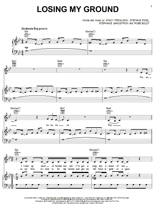 Preview Fergie Losing My Ground Pop sheet music, notes and chords for Piano, Vocal & Guitar (Right-Hand Melody), SKU: 62649 Download Fergie Losing My Ground sheet music and printable PDF score & Pop music notes