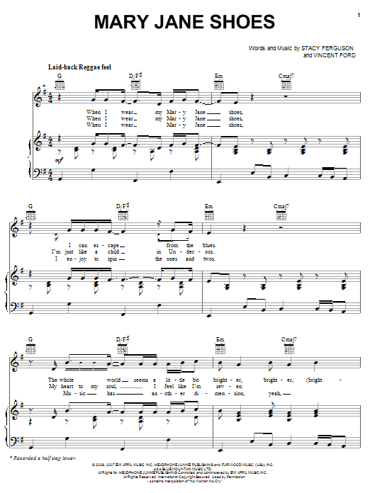 Preview Fergie Mary Jane Shoes Pop sheet music, notes and chords for Piano, Vocal & Guitar (Right-Hand Melody), SKU: 62648 Download Fergie Mary Jane Shoes sheet music and printable PDF score & Pop music notes