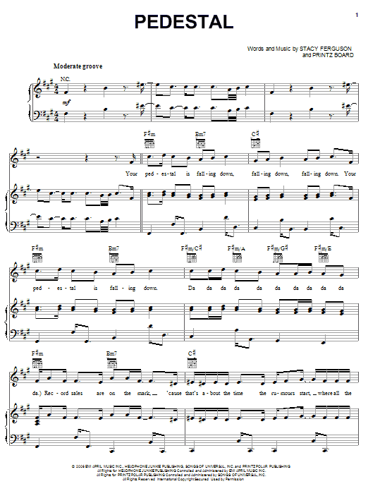 Preview Fergie Pedestal Pop sheet music, notes and chords for Piano, Vocal & Guitar (Right-Hand Melody), SKU: 62652 Download Fergie Pedestal sheet music and printable PDF score & Pop music notes