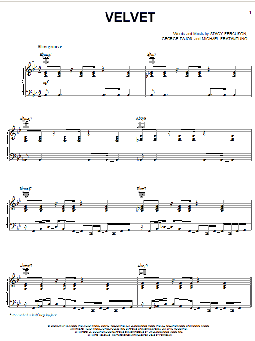 Preview Fergie Velvet Pop sheet music, notes and chords for Piano, Vocal & Guitar (Right-Hand Melody), SKU: 62651 sheet music, piano notes, chords, guitar tabs, score, transpose, transcribe, how to play, guide, download, learn, tutorial, progression, song, artist, awards, billboard, mtv, vh1, tour, single, album, release