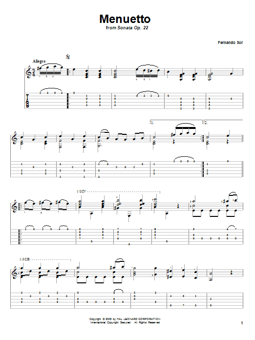 Preview Fernando Sor Menuetto (from Sonata Op. 22) Classical sheet music, notes and chords for Guitar Tab, SKU: 82748 Download Fernando Sor Menuetto (from Sonata Op. 22) sheet music and printable PDF score & Classical music notes