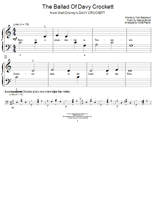 Preview Fess Parker The Ballad Of Davy Crockett Film and TV sheet music, notes and chords for Piano Duet, SKU: 63011 Download Fess Parker The Ballad Of Davy Crockett sheet music and printable PDF score & Film and TV music notes