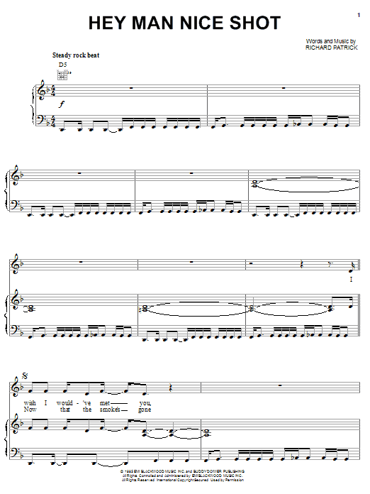 Preview Filter Hey Man Nice Shot Rock sheet music, notes and chords for Piano, Vocal & Guitar (Right-Hand Melody), SKU: 16743 sheet music, piano notes, chords, guitar tabs, score, transpose, transcribe, how to play, guide, download, learn, tutorial, progression, song, artist, awards, billboard, mtv, vh1, tour, single, album, release