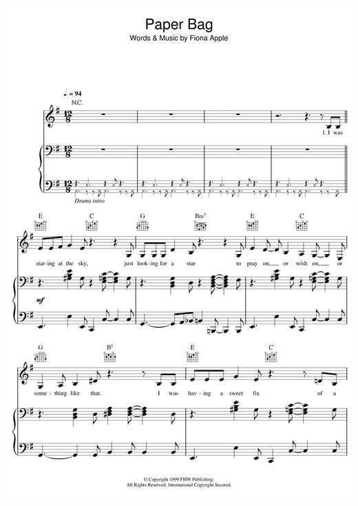 Preview Fiona Apple Paper Bag Pop sheet music, notes and chords for Piano, Vocal & Guitar (Right-Hand Melody), SKU: 121185 sheet music, piano notes, chords, guitar tabs, score, transpose, transcribe, how to play, guide, download, learn, tutorial, progression, song, artist, awards, billboard, mtv, vh1, tour, single, album, release