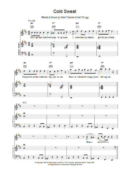Preview Five Cold Sweat Pop sheet music, notes and chords for Piano, Vocal & Guitar, SKU: 17575 Download Five Cold Sweat sheet music and printable PDF score & Pop music notes