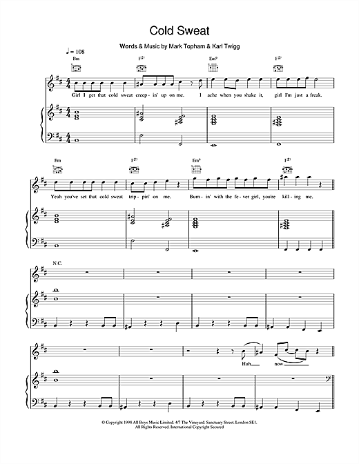 Preview Five Cold Sweat Pop sheet music, notes and chords for Piano, Vocal & Guitar, SKU: 17575 sheet music, piano notes, chords, guitar tabs, score, transpose, transcribe, how to play, guide, download, learn, tutorial, progression, song, artist, awards, billboard, mtv, vh1, tour, single, album, release