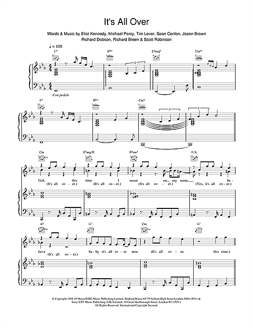 Preview Five Its All Over Pop sheet music, notes and chords for Piano, Vocal & Guitar, SKU: 17577 sheet music, piano notes, chords, guitar tabs, score, transpose, transcribe, how to play, guide, download, learn, tutorial, progression, song, artist, awards, billboard, mtv, vh1, tour, single, album, release